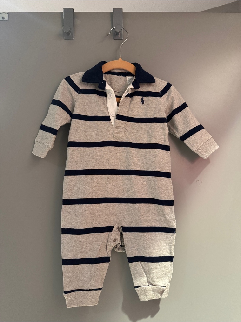Ralph Lauren Gray and Navy Striped Cotton Footie One-Piece
